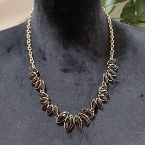 Womens Beautiful Black Enamel Seed Pattern on Gold Tone Metal Statement Necklace